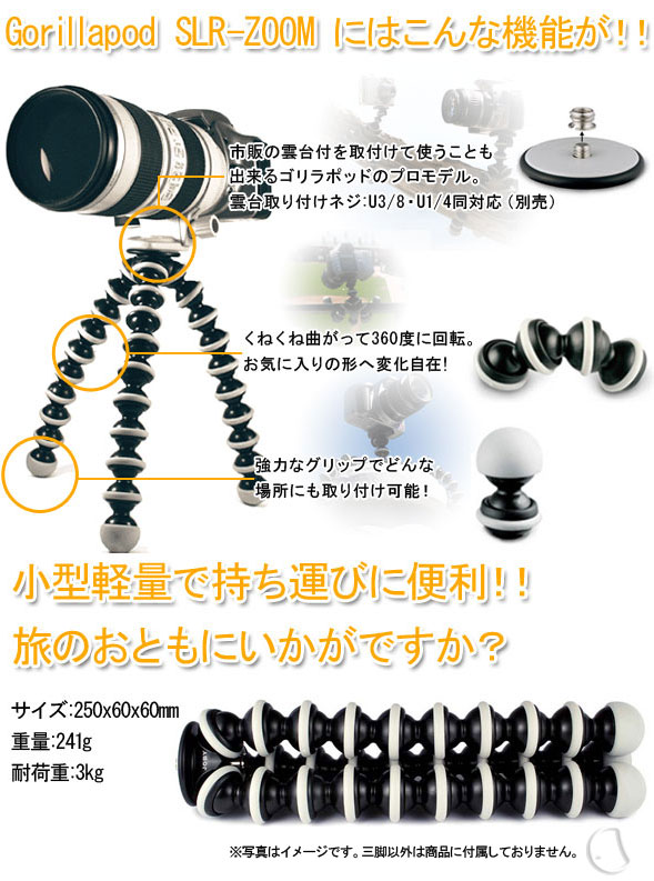 Gorillapod SLRZOOMにはこんな機能が!!小型軽量で持ち運びに便利!!旅のおともにいかがですか?