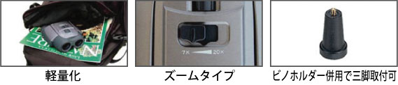 軽量化・ズームタイプ・ビノホルダー併用で三脚取付可