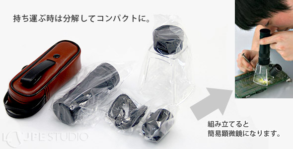 バラすと単眼鏡、組み立てると簡易顕微鏡になります