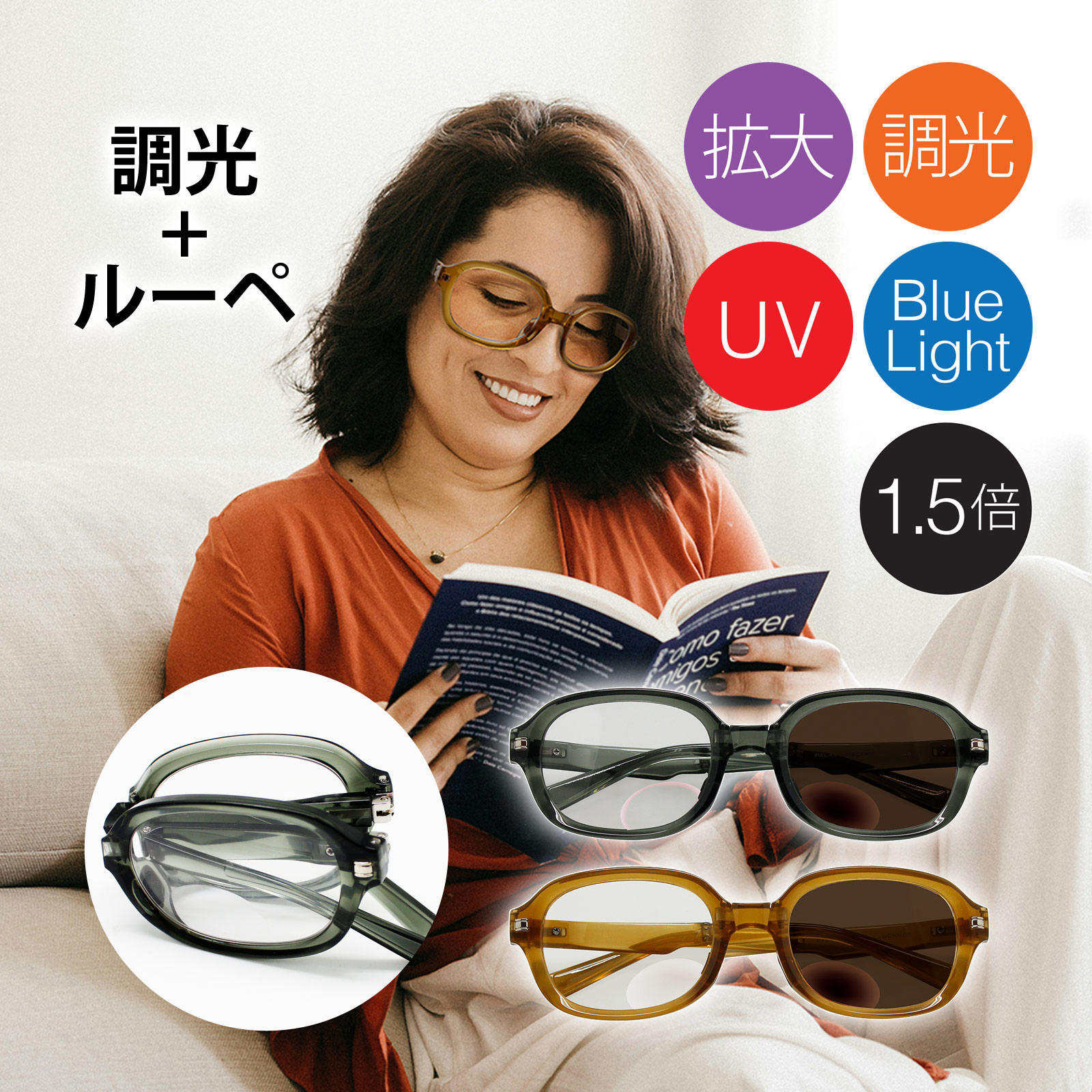 メガネ型ルーペ 1.5倍 折りたたみ 携帯 調光バイフォーカルサングラス カルモスパイド スクエア型 眼鏡 拡大鏡 ブルーライトカット 