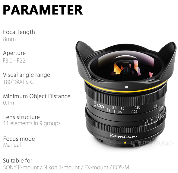 カメラレンズ 8mm F3.0 KAMLAN カムラン レンズ 超広角単焦点レンズ 超 ...